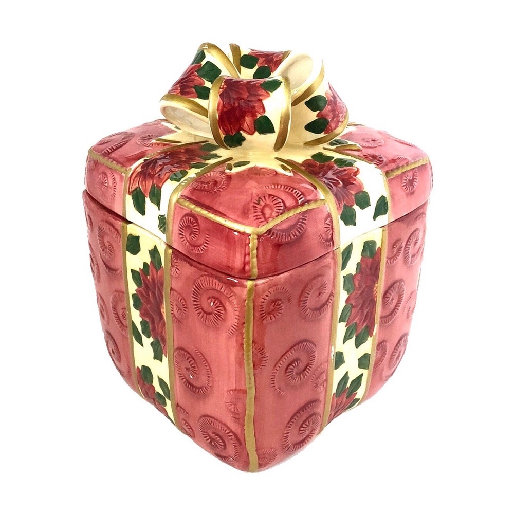 World Bazaars Poinsettia Canister Cookie Jar Red
